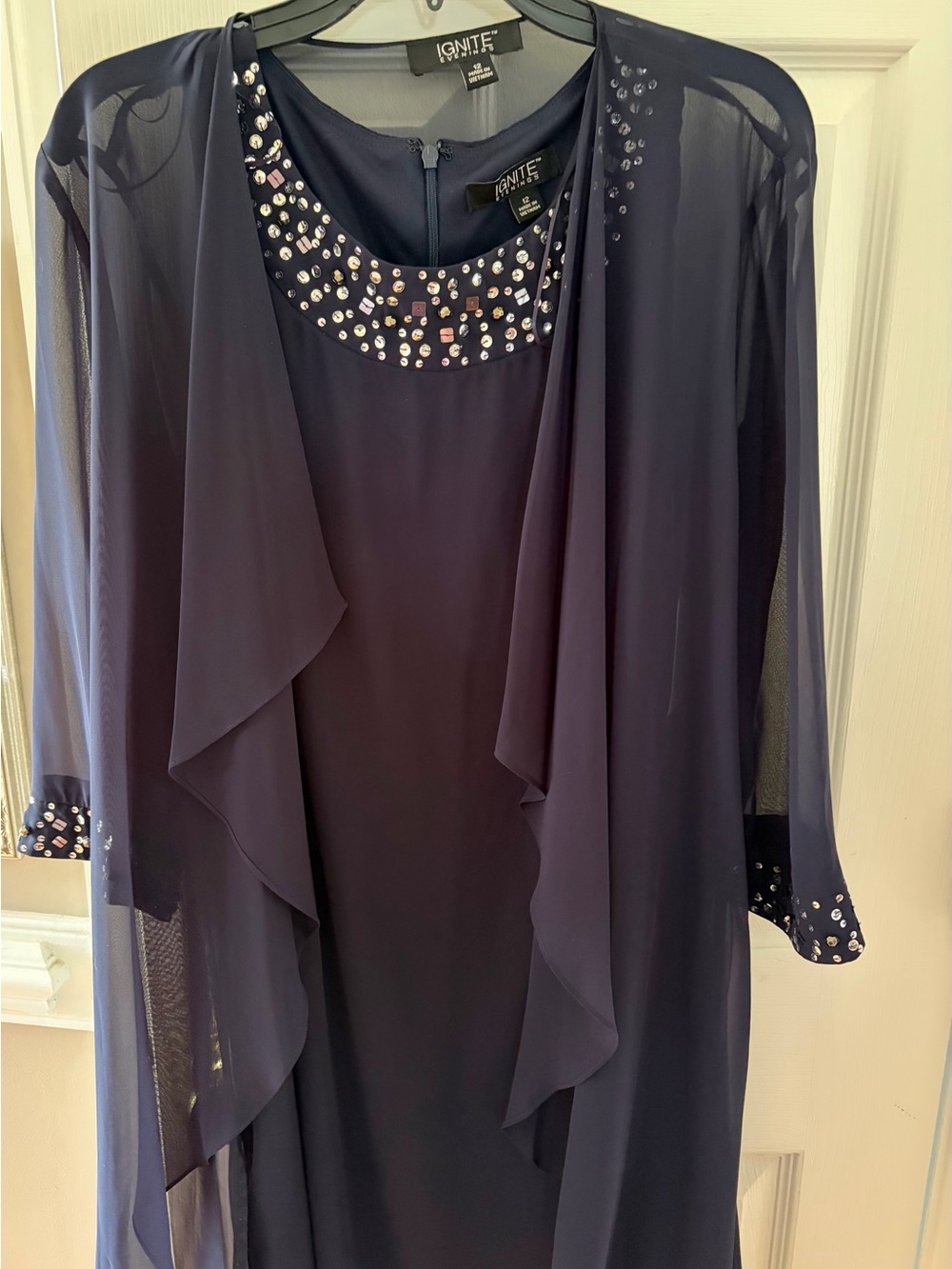 Ignite Evening Navy Embellished Chiffon Overlay Dress